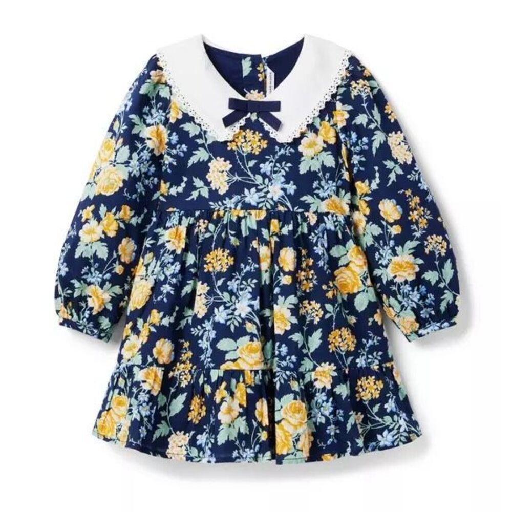 Janie and Jack Dress Girls 8 Blue Yellow Floral Bow Lace Peter Pan Collar Marine